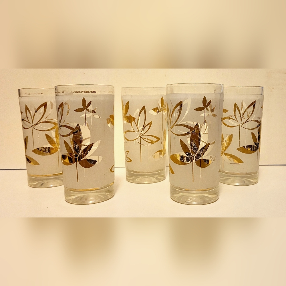 5 MCM HAZELWARE VINTAGEHIGHBALL 6" FROSTED GLASSAND GOLD GLASSES